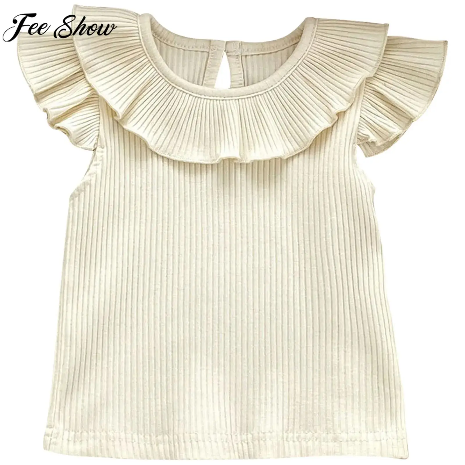 

Infant Girls Summer Solid Color Rib Knit T-shirt Flying Sleeve Ruffle Casual Tee Tops for Daily School Beach Holiday Homewear