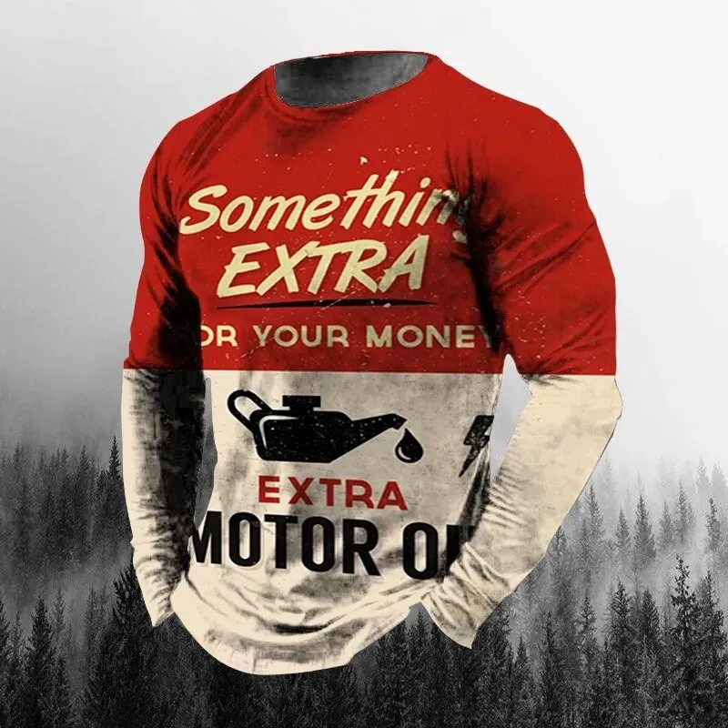 Vintage Men's T-shirt Long Sleeve Biker Tops Tees 3D STP Oil Print Motorcycle T shirt Oversized Loose Texaco Man Clothing