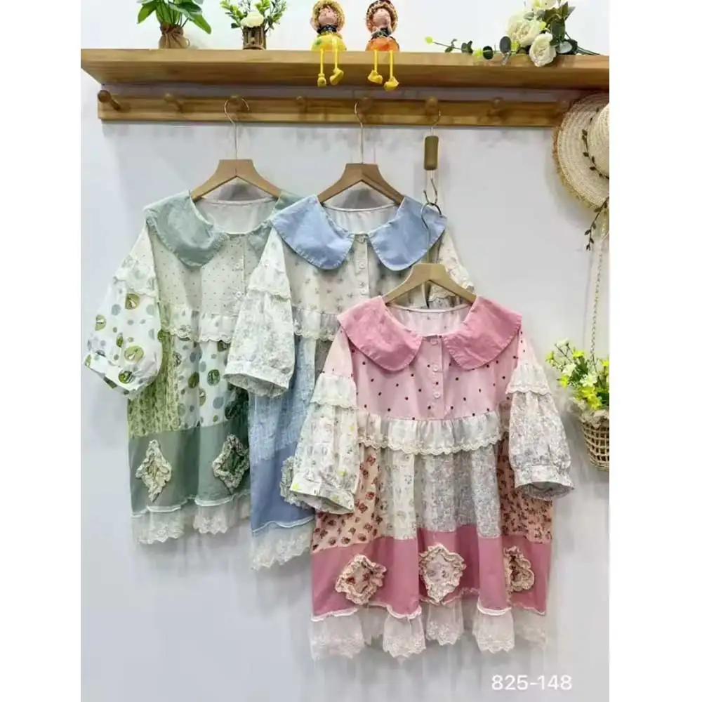 

Women Sweet Mori Girl Lace Patchwork Floral Dot Print Cotton Shirts Summer New Cute Peter Pan Collar Short Sleeve Casual Blouse