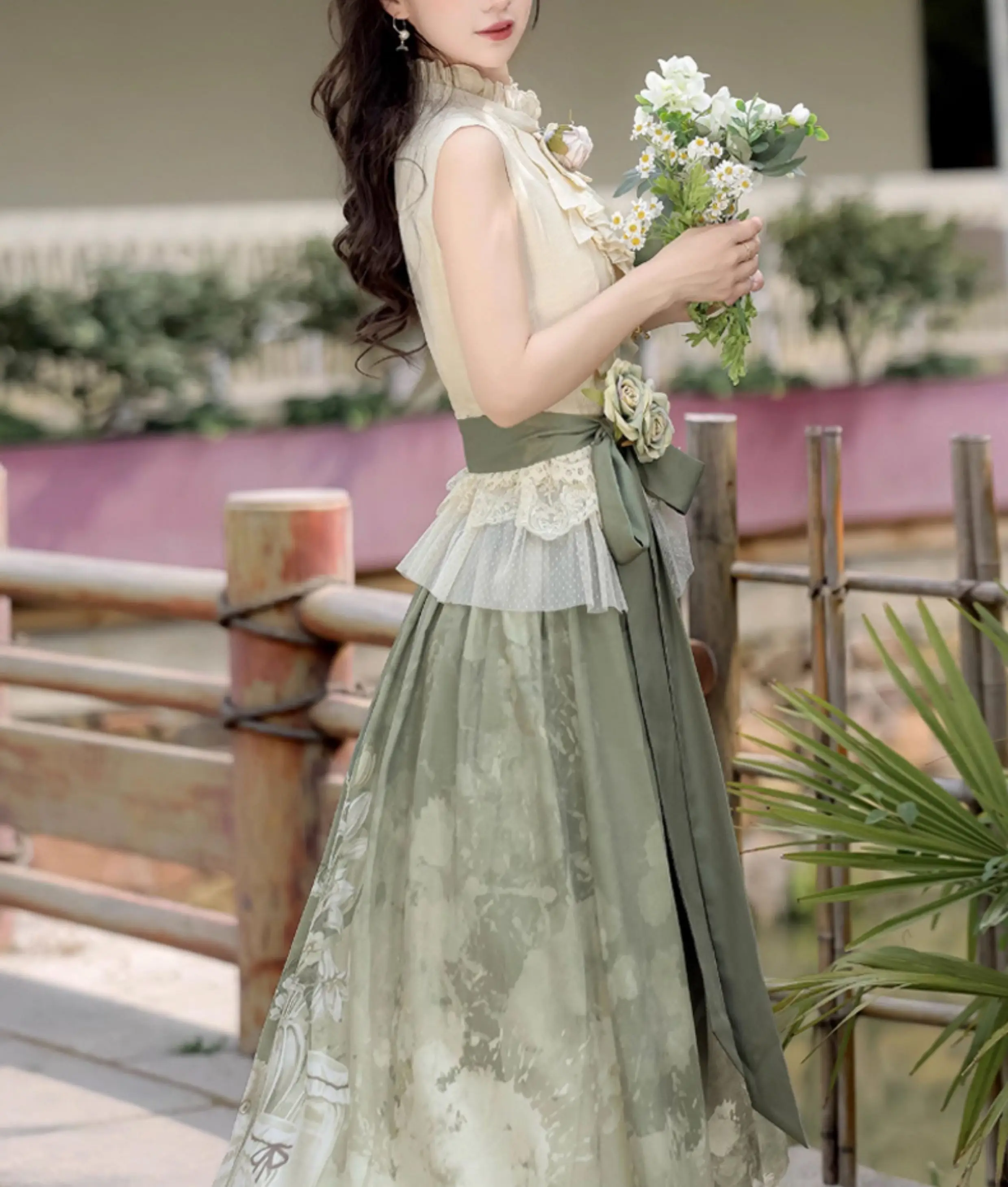 MAGOGO Original Design Lolita Elegant Skirt and Top Set Women Vintage Gentle Printed Long Skirt + Chic Sleeveless Slim Top