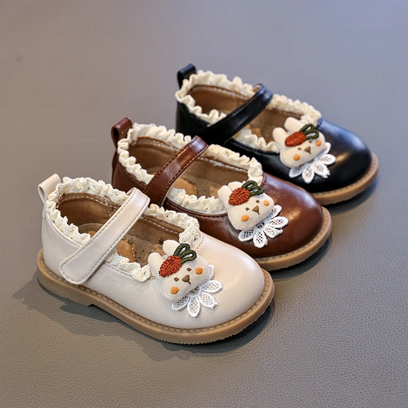 Girls Cute 3D Bunny Lace Flower Mary Jane Dress Shoes, Ruffled Lace Trim Hook‑and‑Loop Soft Flat Toddler Princess Casual Shoes