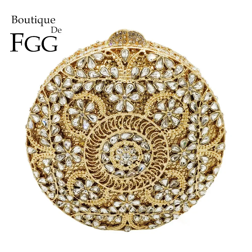 Boutique De FGG (in stock) Round Circular Hollow Out Women Crystal Clutch Evening Minaudiere Bag Wedding Handbag Bridal Purse