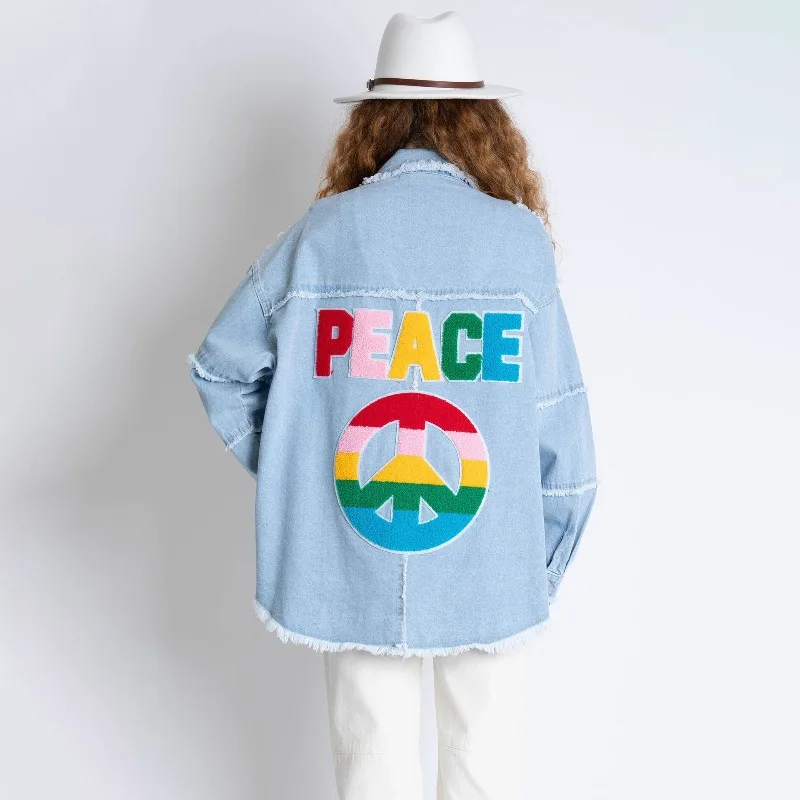 Women's Autumn Spring Top Coat Shirt Denim Embroidery Lapel Solid Color Simple New Casual Design Fashion Niche Versatile Skinny