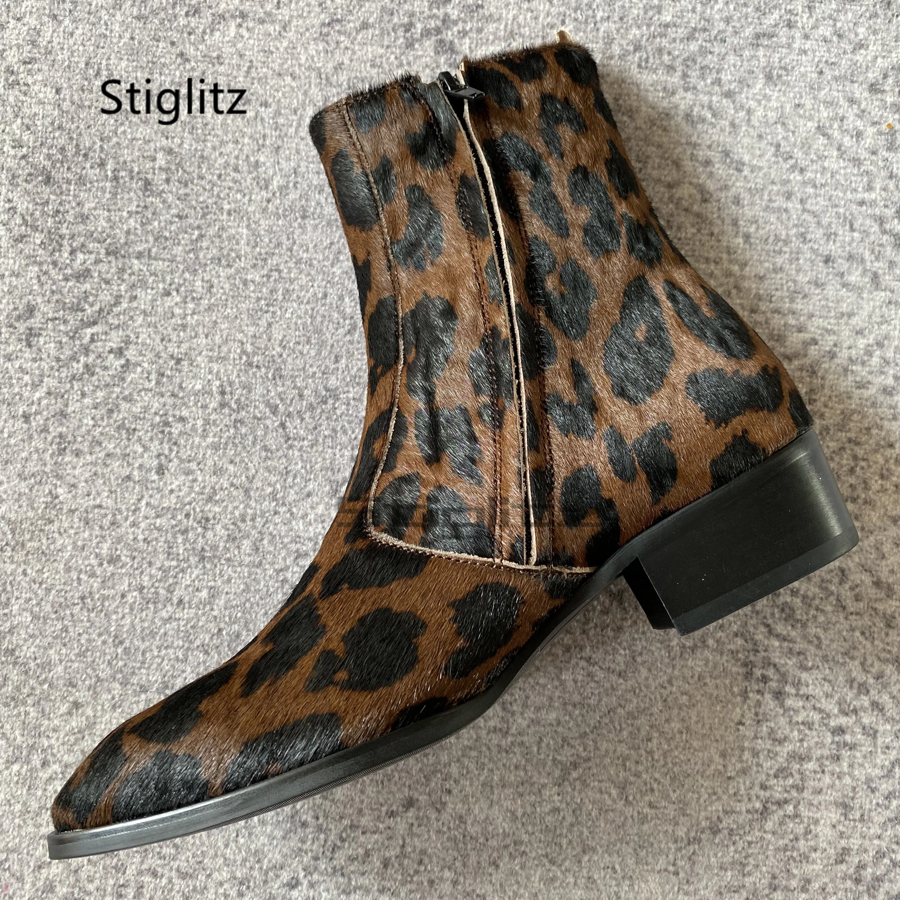 Leopard-Print Horsehair Men's Boots Pointed Toe Zipper Ankle Chelsea Boots Med Heel Runway Party Catwalk Shoes Autumn Winter New