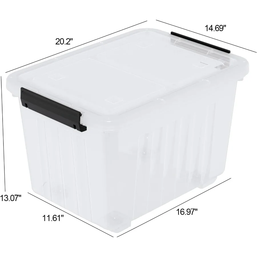 50 QT Clear Wheeled Storage Bin, Plastic Latch Box with Lid, 4 Pack
