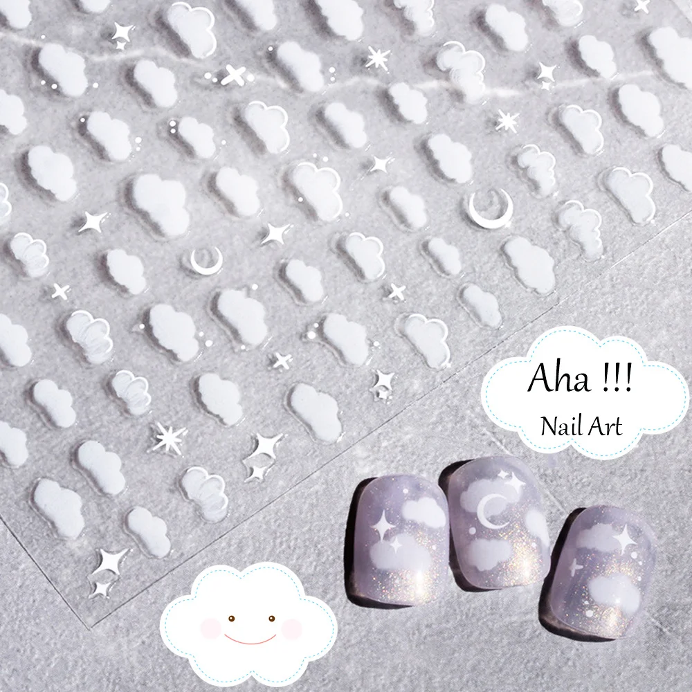 1pc branco nuvem adesivos de unhas/ultra fino arte do prego adesivos auto adesivo decalques estrela lua/flor branca/nuvens kawaii cor do prego