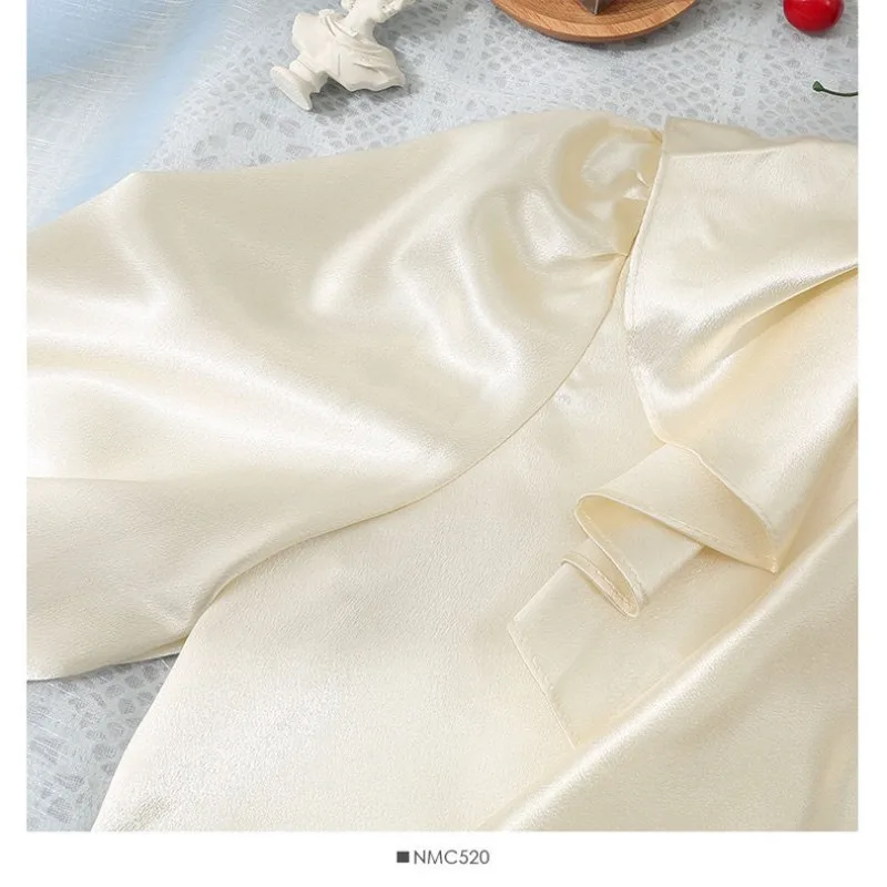 Women's Autumn Spring Shirt Ruffles Flared Sleeves Lolita Blouse Stand-up Collar Single-breasted Pearls Solid Luxury Womens Tops