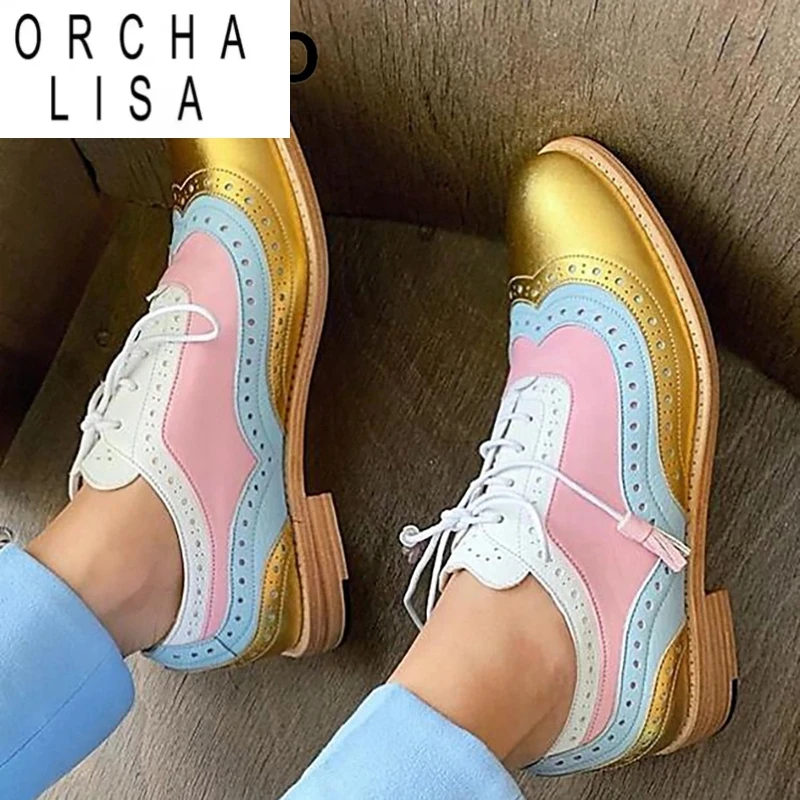 

ORCHA LISA 2025 Новый дизайн Женские туфли-лодочки с круглым носком на шнуровке на толстом каблуке Bling разноцветные большие размеры 41 42 43 Повседневная обувь для отдыха