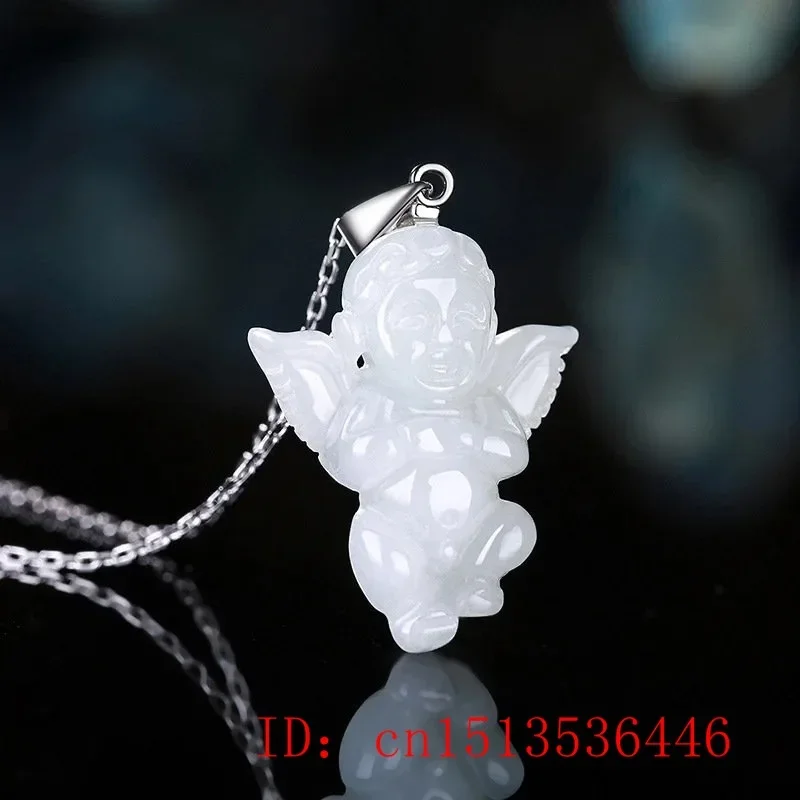 Natural Emerald Carved Lucky Angel Jade Pendant Chinese Necklace Charm Jewellery Fashion Amulet Luck Gifts for Man Women