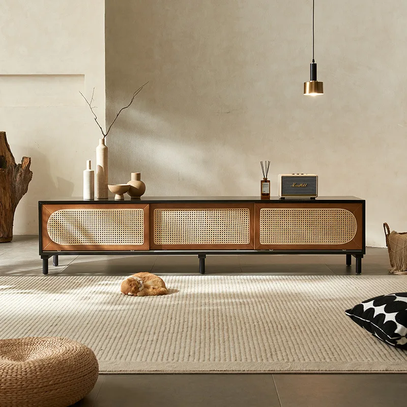 

Rattan solid wood TV cabinet Small apartment storage cabinet Living room medieval storage cabinet