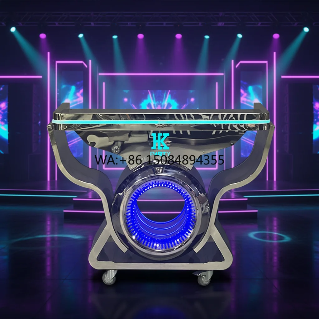 

LiqVis Portable Modern Luxury Custom Logo Mirror Stainless Steel DJ Console Table Colorful LED Stage DJ Booth Club Wedding Event