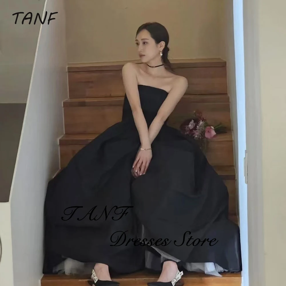 

TAFN Simple Black Korea Wedding Dresses Strapless Draped Wedding Photos Shoot Customized Tulle Taffeta Bride Second Party