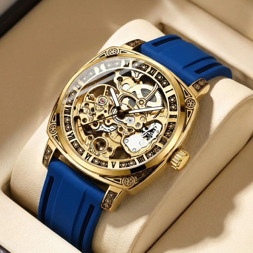 

1pcs Men's blue dial alloy strap vintage fashion skeleton gear luxury details Mechanical Watch for business party holiday