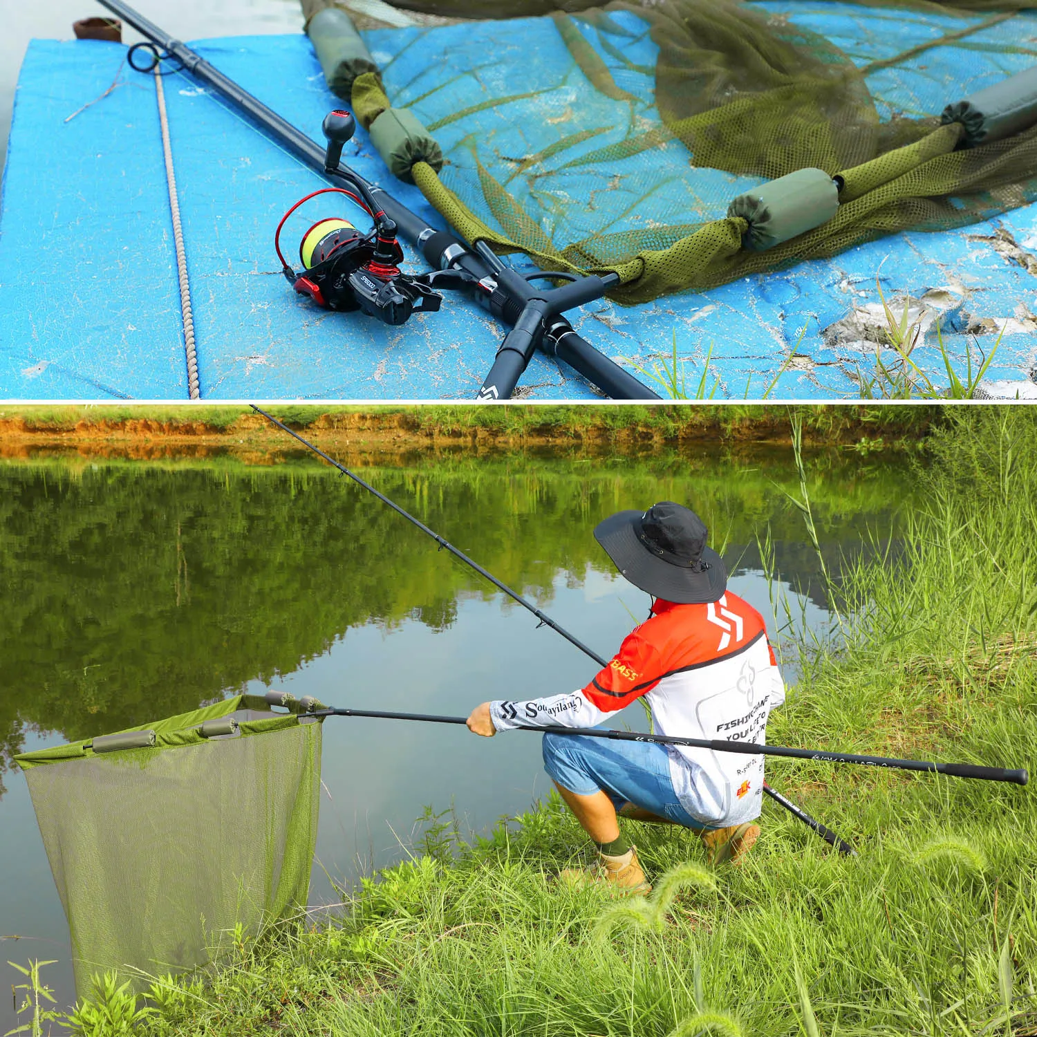 SOUGAYILANG Großes schwimmendes Karpfen-Angelkeschernetz, gummibeschichtetes Netz, Kohlefasergriff, schnell abnehmbares Netz mit 4 Schwimmern – Detail 6