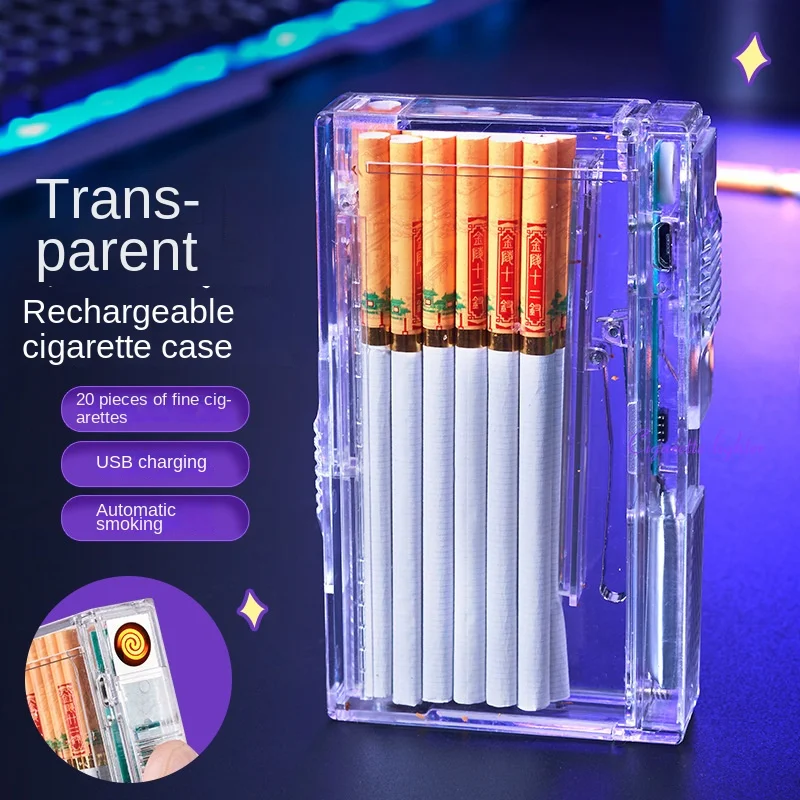 The New Transparent Cigarette Case with Tungsten Cigarette Lighter Automatic Ejection Fine Smoke 20 Sticks Best-selling Lighter