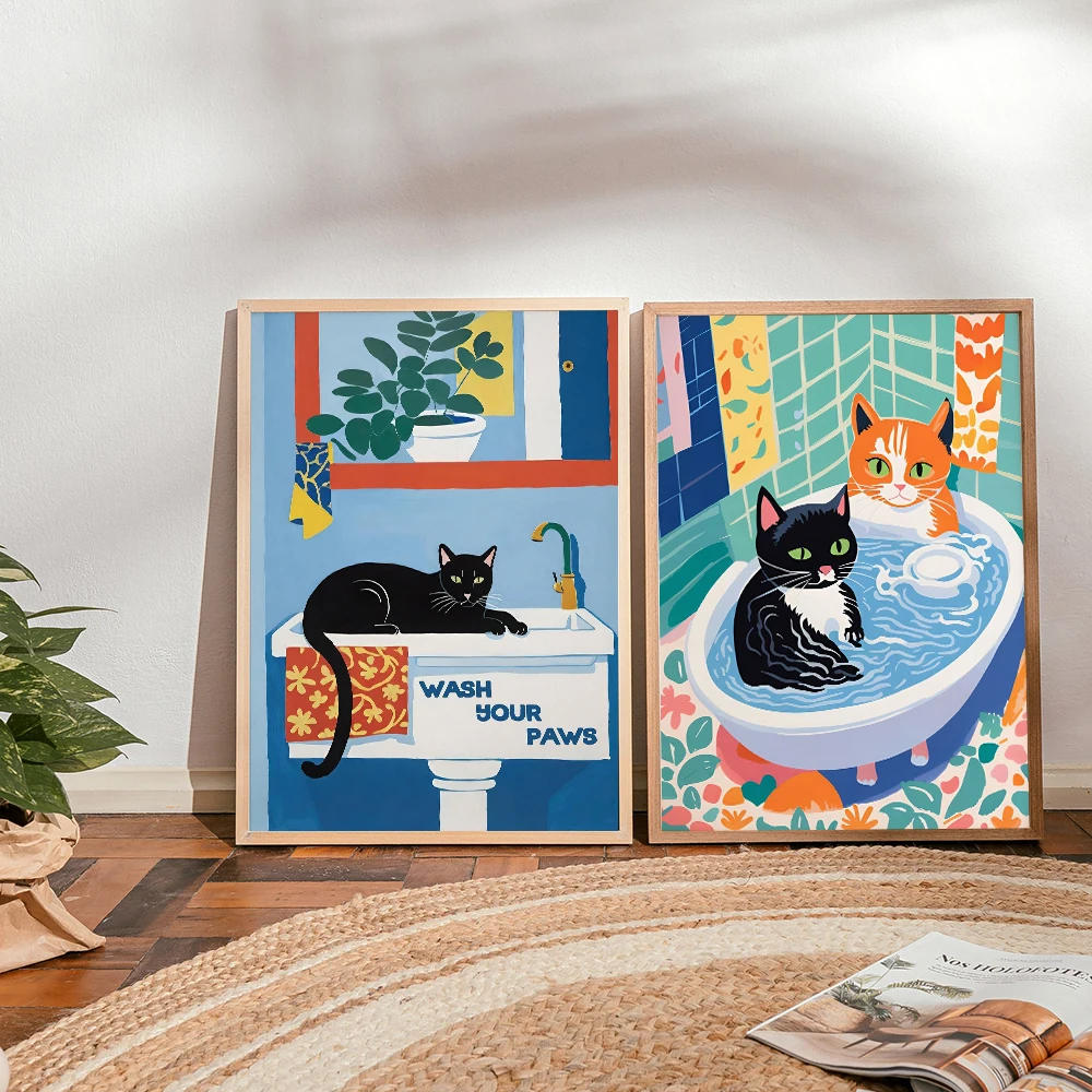 (Pintura en lienzo 2D) Póster de gato con la frase 'Lava tus patas', arte de pared felino colorido y fantasioso para el baño, impresiones únicas para amantes de los gatos