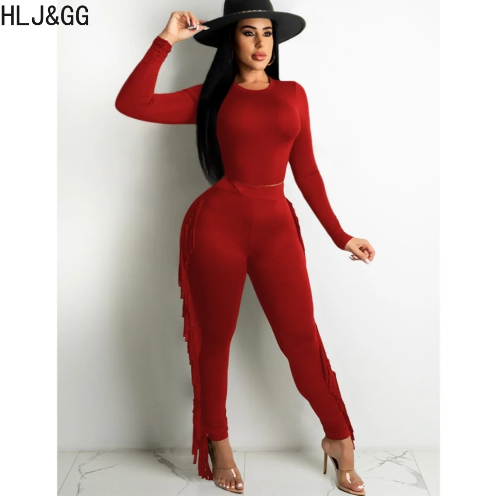 

HLJ&GG Autumn Casual Tassels Skinny Pants Two Piece Sets Women Round Neck Long Sleeve Crop Top + Pants Tracksuits Female Outfits