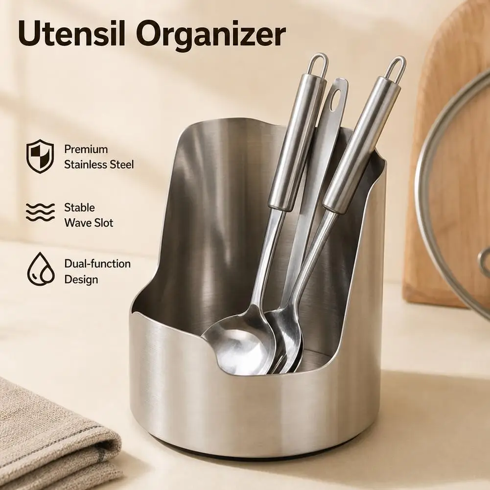 2in1 Stainless Steel Spoon Holder Rack Steel Lid and Utensil Holder, Multipurpose Kitchen Organizer for Spoons, Ladles, Cutting