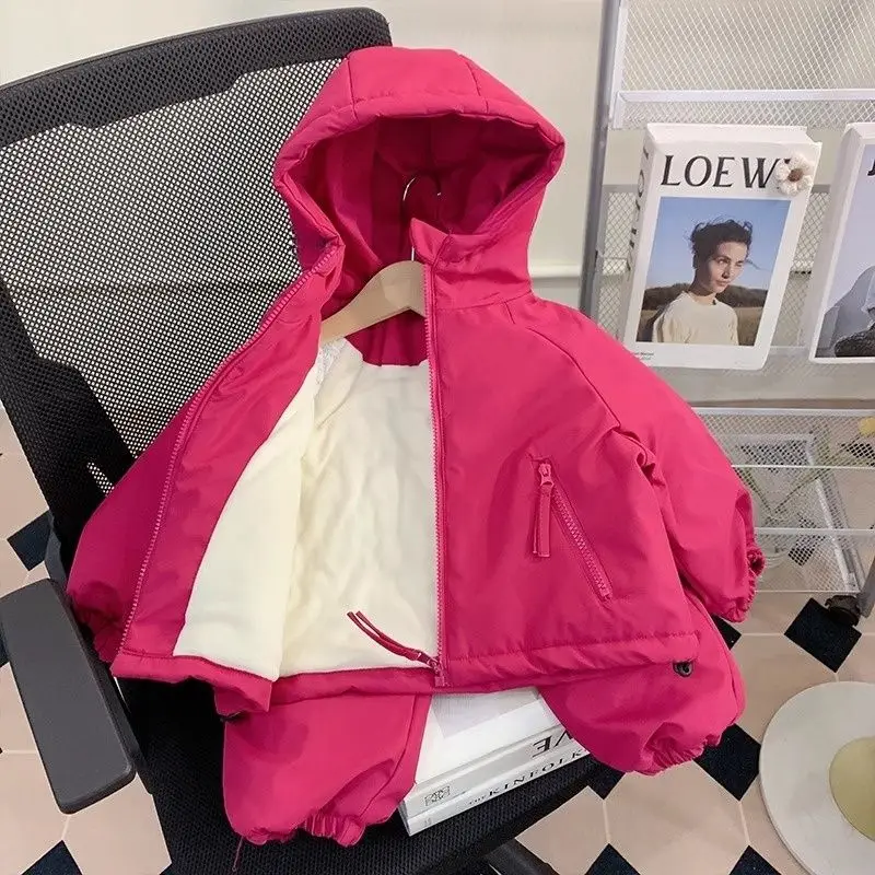 Girls' Rose Red Suit Autumn and Winter 2025 New Baby Girl Velvet Thickened Warm Jacket Two-piece Set of Children's Clothes