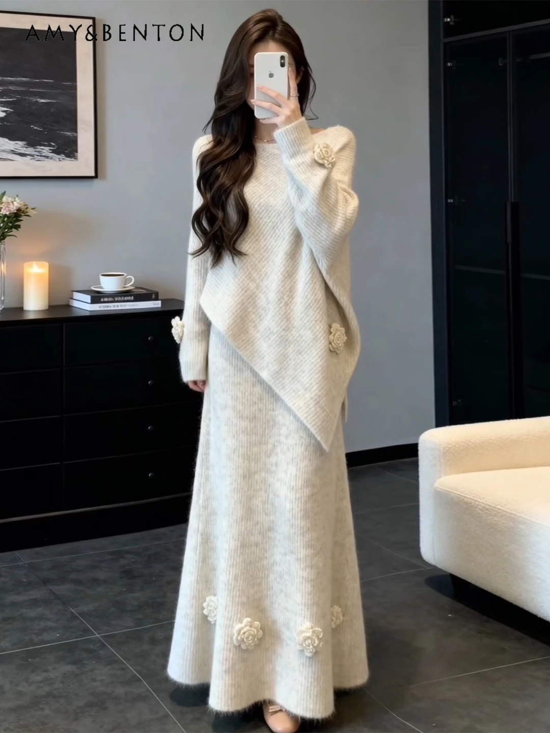 

Autumn Winter Korean Style Gentle Loose Round Neck Knitted Sweater High Waist Floral Appliqué Skirt Two-Piece Set