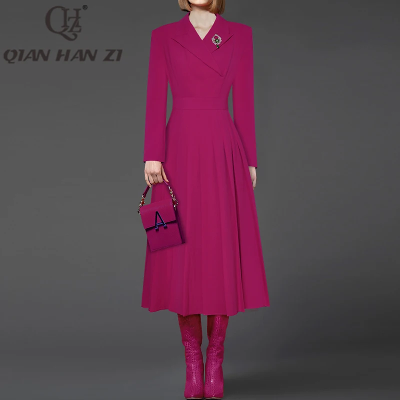 

Qian Han Zi Designer fashion Vintage dress Women's long sleeves Lapel collar Brooch luxury Slim Pleats Party length dress