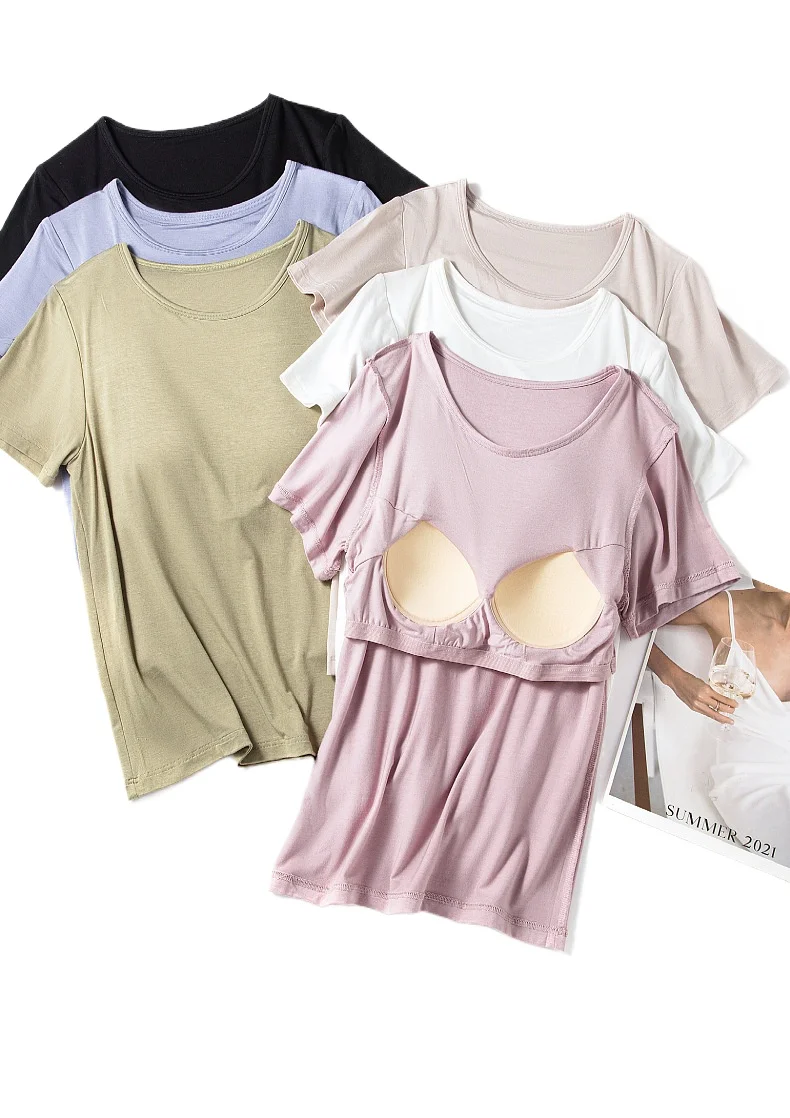 Women's Summer Modal Short Sleeved T-shirt with Chest Pad Cool Feeling No Bra Oversized Loose One-piece Loose Tops