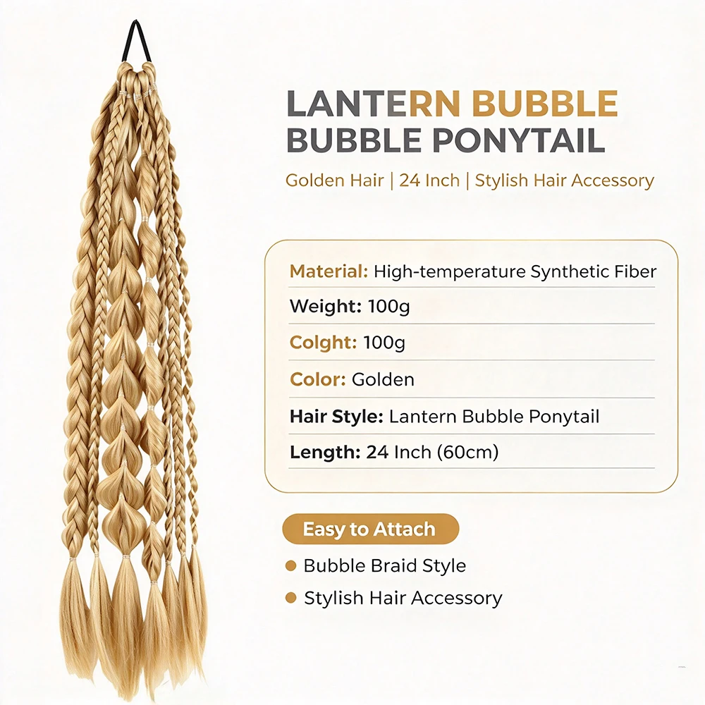 Synthetic 24 inch Wig Braid With Rubber Band Lantern Bubble Ponytail Suitable for Women's Daily Party and Holiday Use