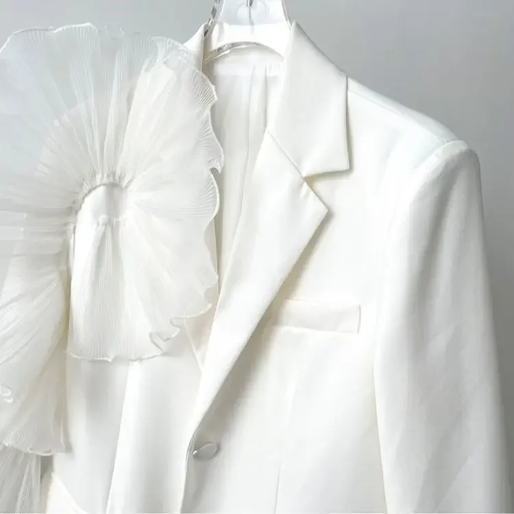 Heavy Industry Design Sense Niche Top Autumn New Single-breasted Stitched Mesh Ruffled Sleeve Blazer