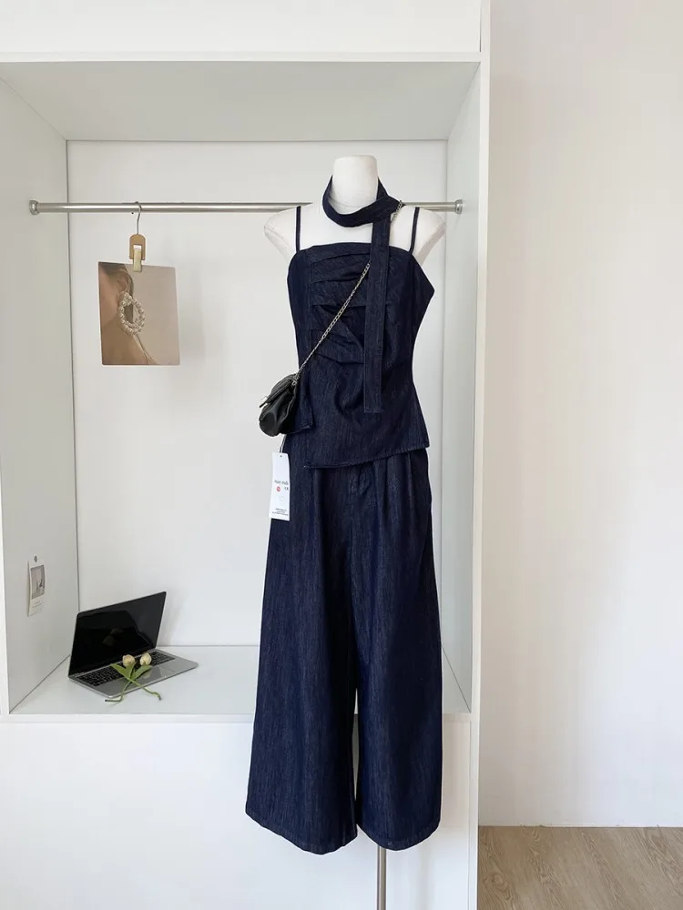 2025 Vest Jeans Set For Women Sleveless Tube Tops High Waist Pocket Denim Pants Suit Female 2025 Spring Summer Lady Bodysuit