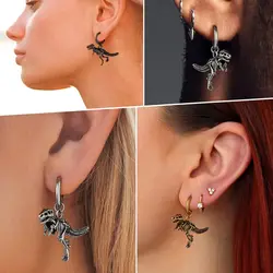 U7 Stainless Steel Skeleton Dinosaur Skull Dangle Earrings Black Tyrannosaurus Rex Skull Charm Chic Unisex Cool Jewelry Gift