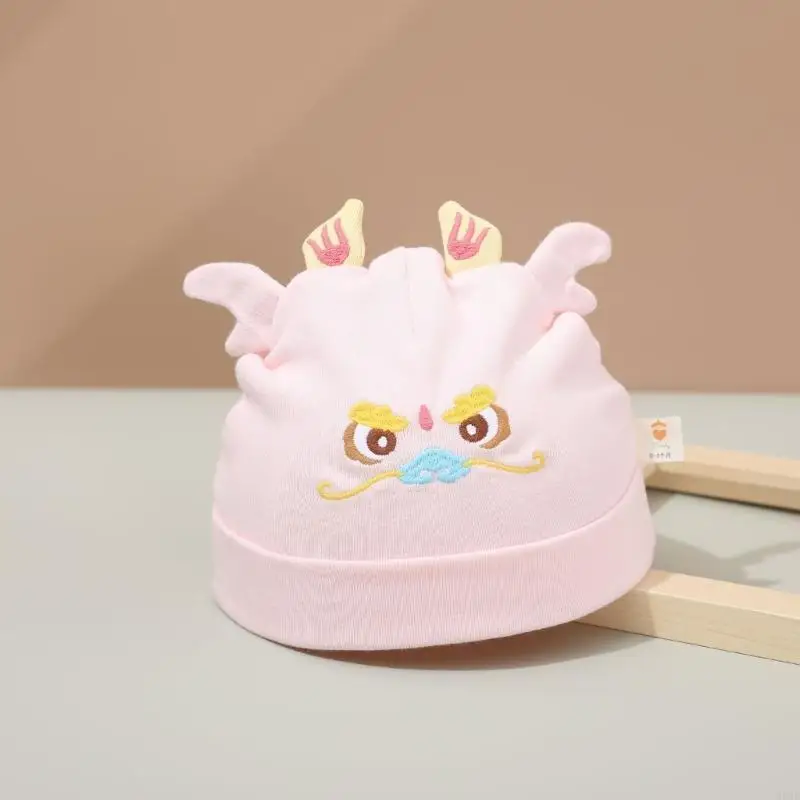 

95AE Fashion Hat for Boy Girl Newborn Embroidery Dragon Caps Breathable Hat