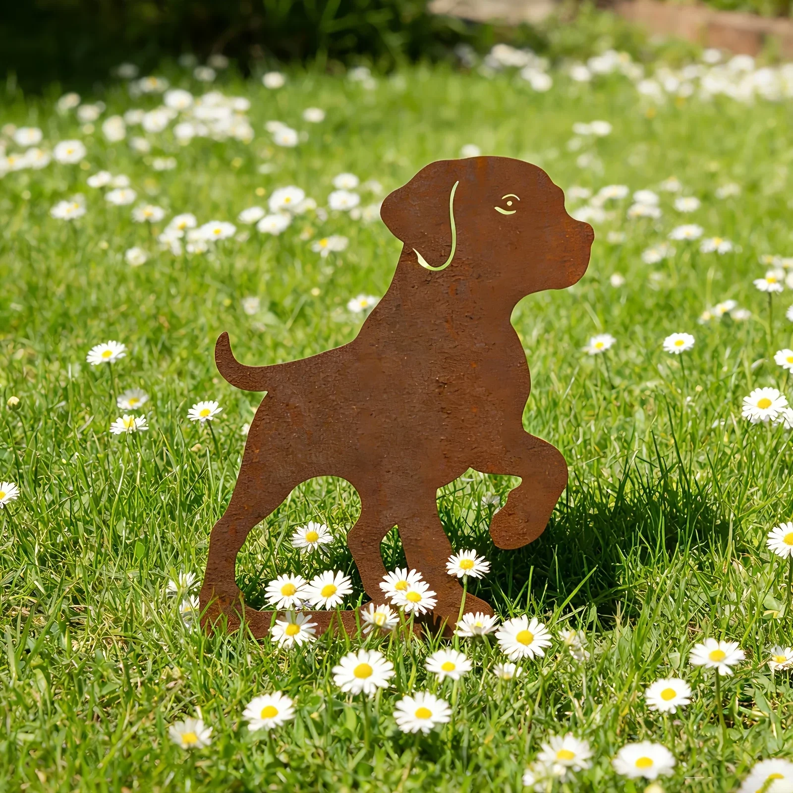 [2D Flat] Elegant Walking Puppy Rust Metal Garden Stake Ground Spike Vintage Lawn Ornaments Gift for Dog Lovers Courtyard Decor