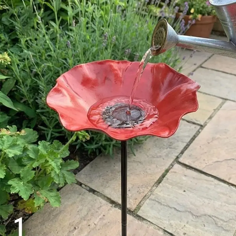 Artistic Iron Flower Stake Featuring Shallow Bird Bath And Butterfly Drinking Spots Watering Station Outdoor Yard Decoration