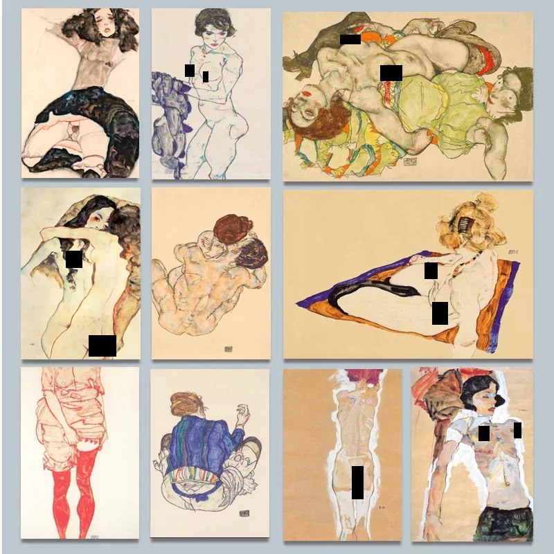 Egon Schiele Poster Naked Body Color Sketch Figure Poster Wall Art Canvas Painting Modern Home Decor For Living Room