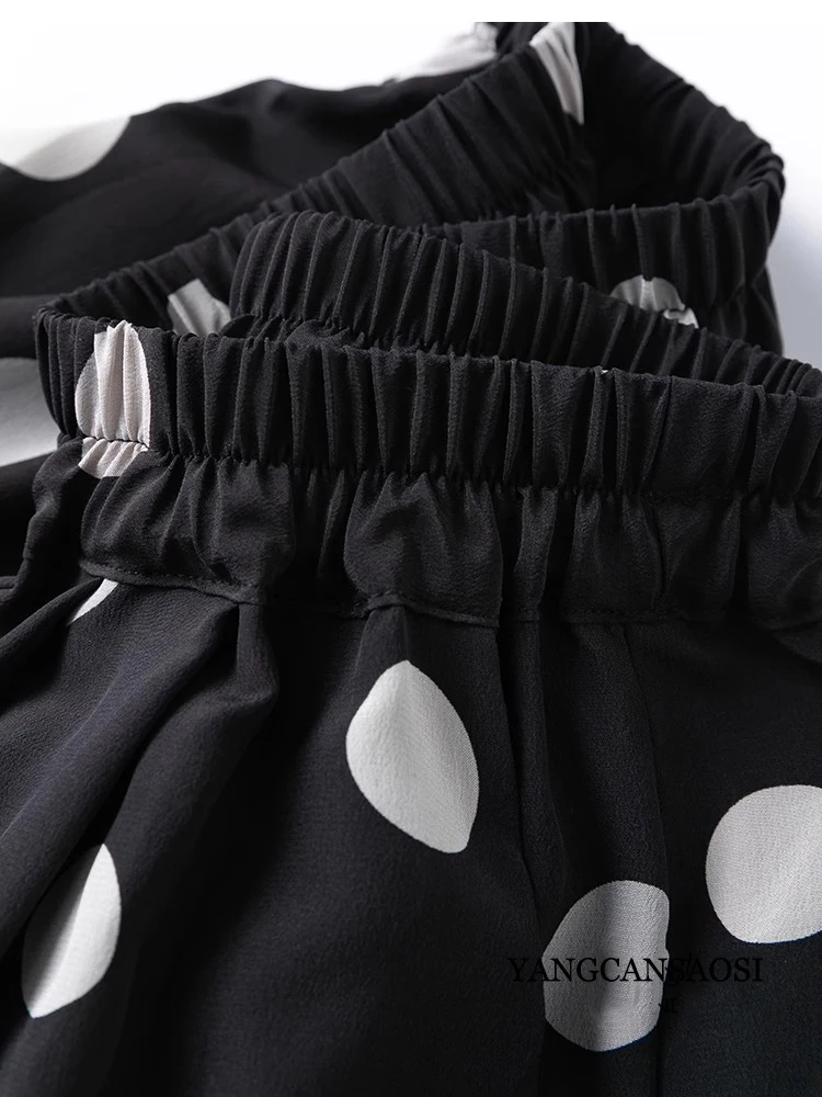 Modern Large Polka Dot 100% Natural Mulberry Silk Crepe De Chine Elastic Waist Women's Fashionable Cropped Lantern Pants