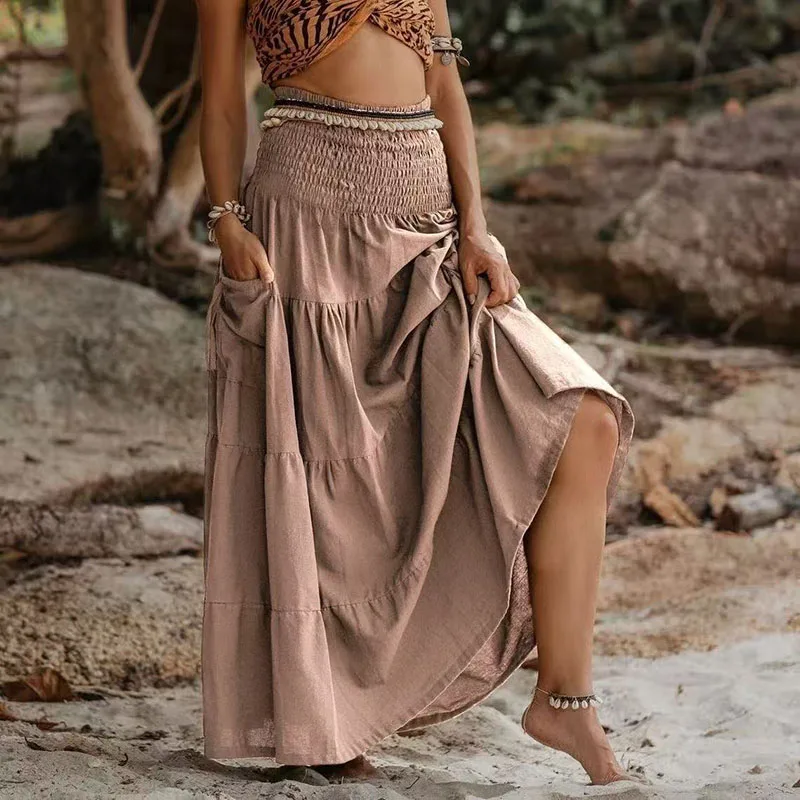 Summer 2026 Two Ways To Wear Folds Skirt Women's Bohemian Loose Solid Vintage Skirts Elastic Waist A-line Maxi Skirts Spring