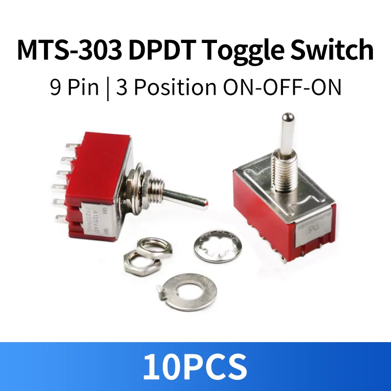 10PCS MTS-303 Toggle Switch 9 Pin 3 Position 5A/125V 2A/250V Red Mini Toggle Switch MTS303 DPDT ON-OFF-ON