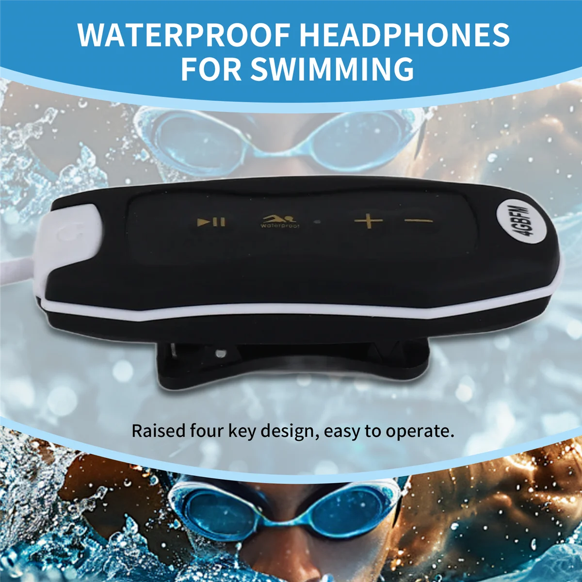 SMIEA MP3 Music Player with Bluetooth and Underwater Headphones for Swimming Laps Watersports Short Cord 4GB-Black