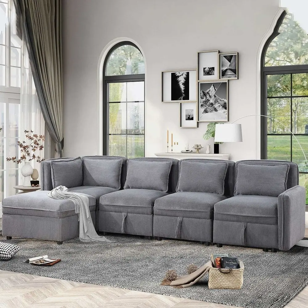 Sectional Convertible Sofa, L-Shaped 5-Seats Sectional Convertible Sofa