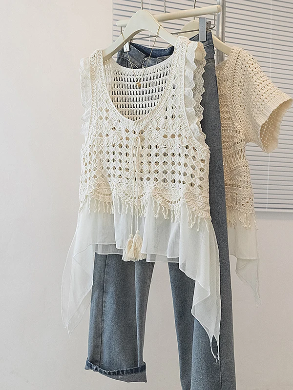Bohemian Lace Hollow out Tassel V-neck Women's Summer New Asymmetric Ruffle Sleeveless Top Breathable A-line Narrow Strap Vest