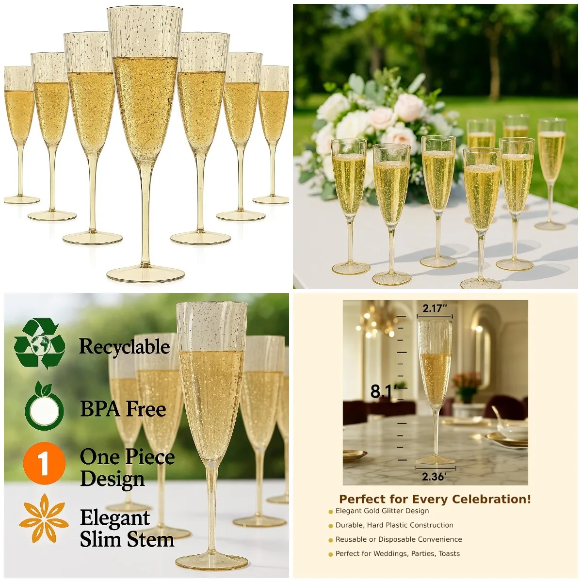 

6 Oz Gold Glitter Plastic Champagne Glasses, 24-Pack Disposable Flutes for Wedding, Party, Toasting & Drinking