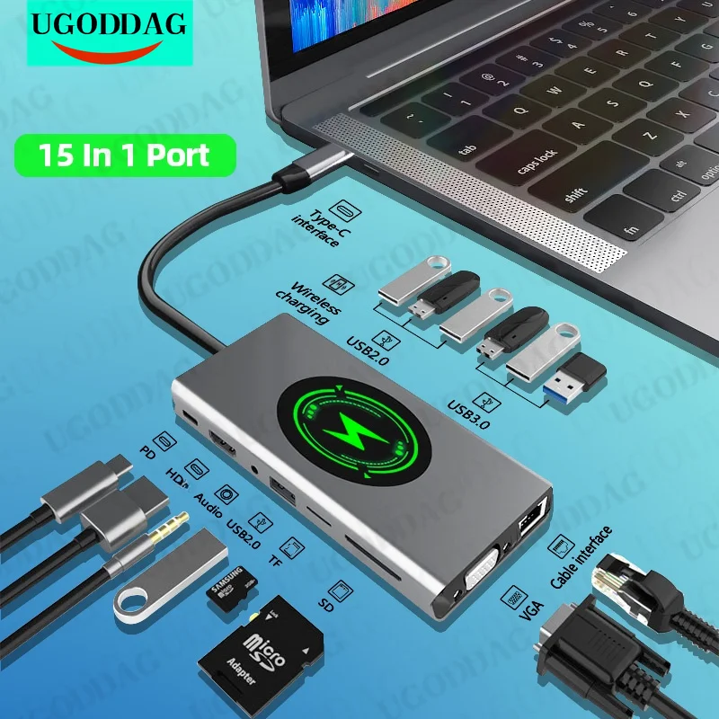 

USB Type C To HDMI-Compatible Wireless Charging USB 3.0 Adapter Type C HUB Dock For MacBook Pro Air USB C Splitter Converter