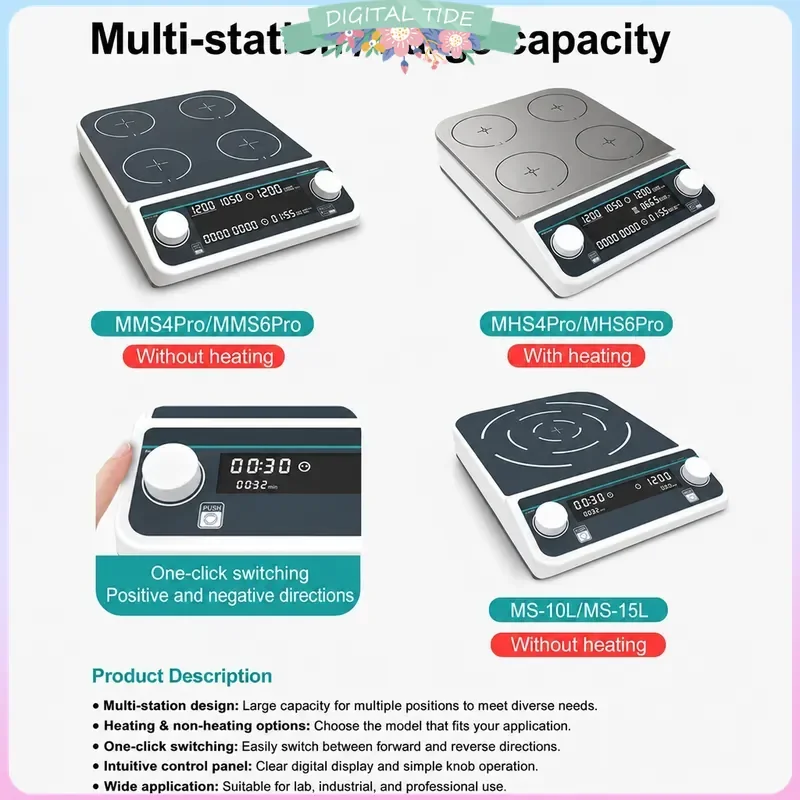 15L Multiple Magnetic Stirrer Hot Plate 50-1500RPM Digital Display Laboratory Stirrer Magnetic Mixer Heating Four-station