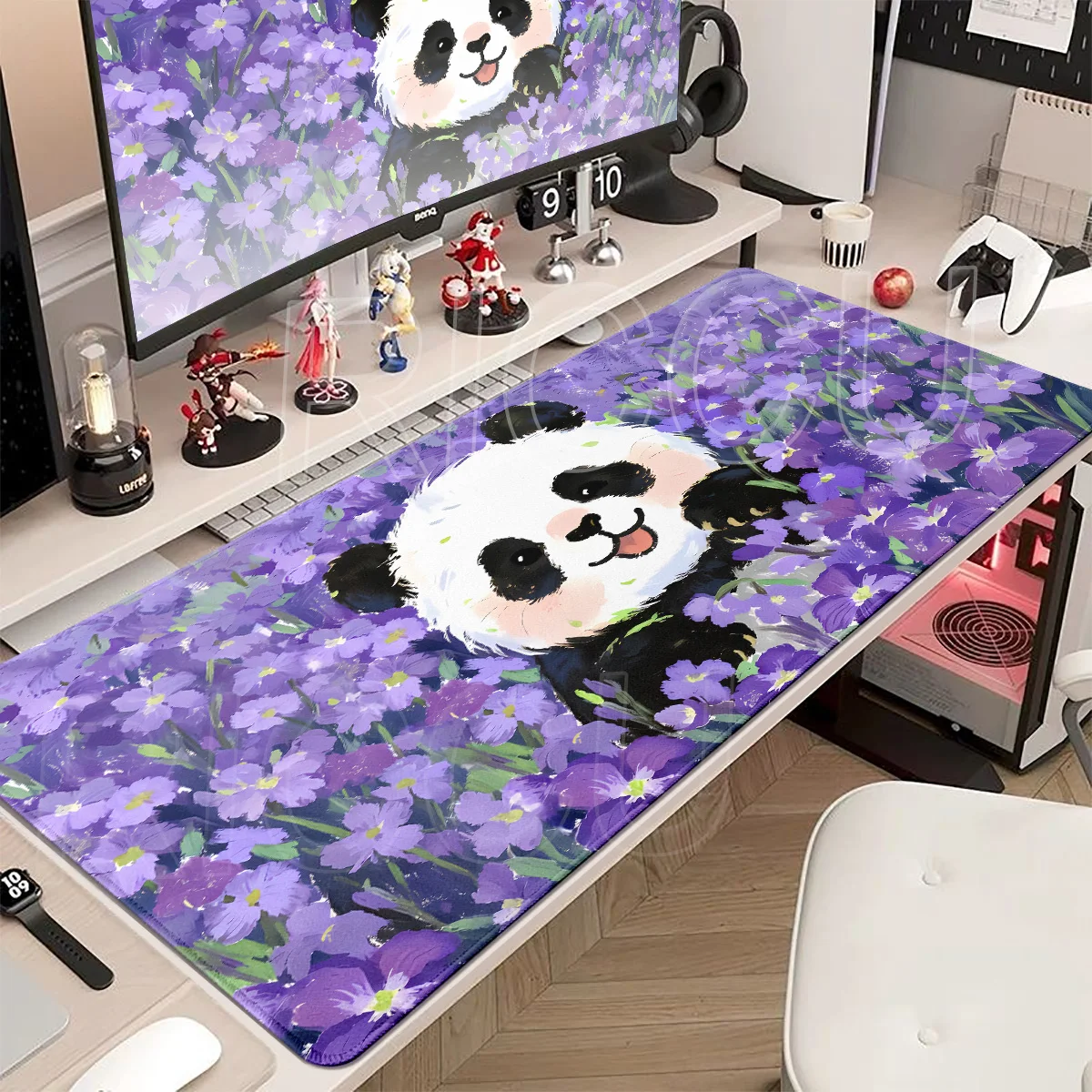 Large Gaming Cute Panda Flower Bush Mouse Pad Non-slip Washable Rubber Base Oversized Lock Edge Desk Mat Office Computer Decor