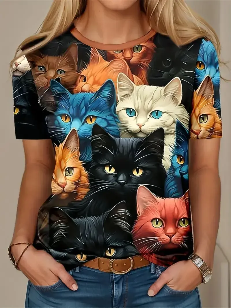 T-shirt de manga curta feminina, gato 3D estampado, roupa de rua fofa, pulôver extragrande, animal, verão