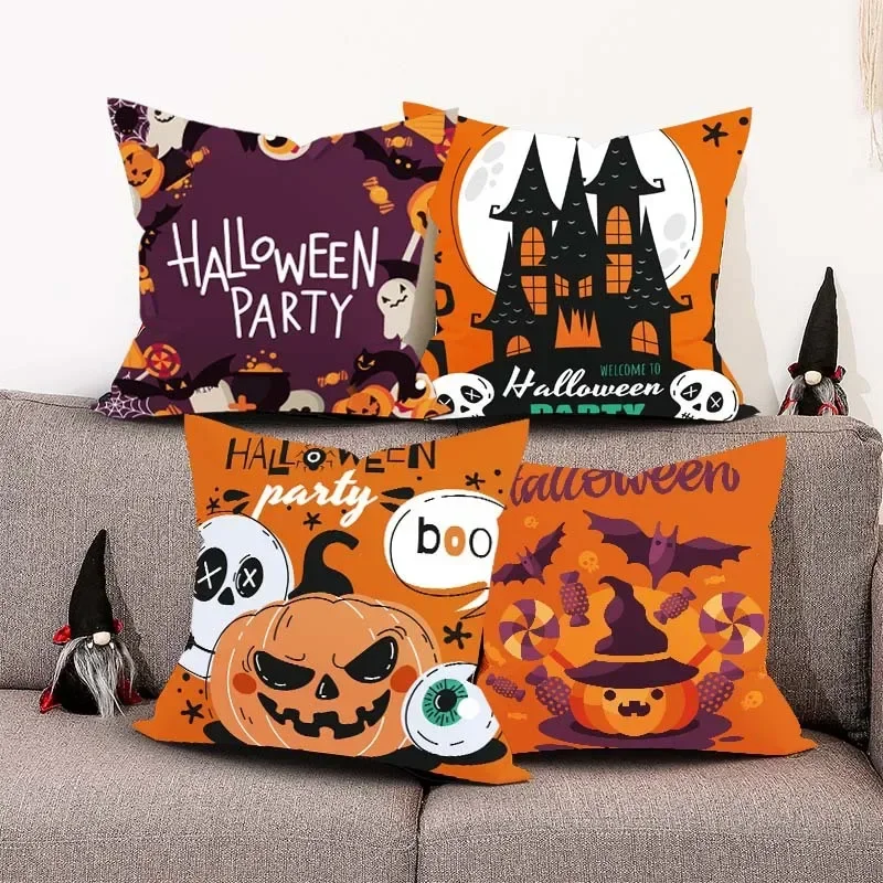 Happy Halloween Pumpkin Cushion Cover Printing Witch Hat Pillow Case Ghost Castle Pillow Cover Home Decor Funda Cojín 45x45cm