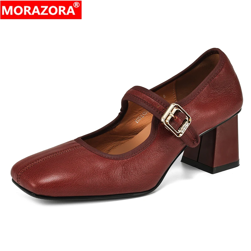 

MORAZORA 2024 New Genuine Leather Shoes Mary Janes Chunky High Heels Office Dress Shoes Square Toe Ladies Pumps