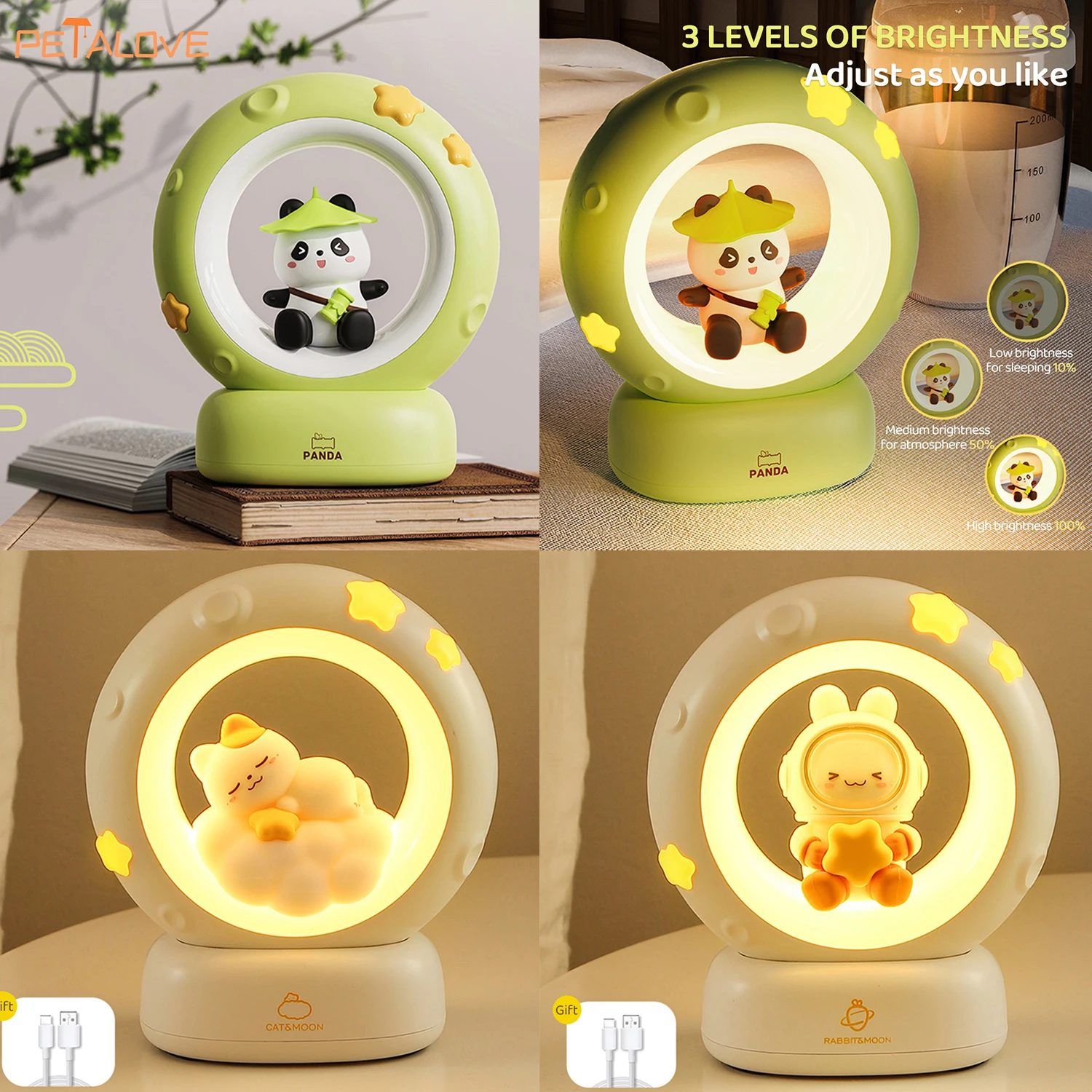 Cute Panda LED Clap Night Light Cat Rabbit USB Rechargeable Reading Table Lamp Room Decor Gift for Baby Children Sleeping Lights