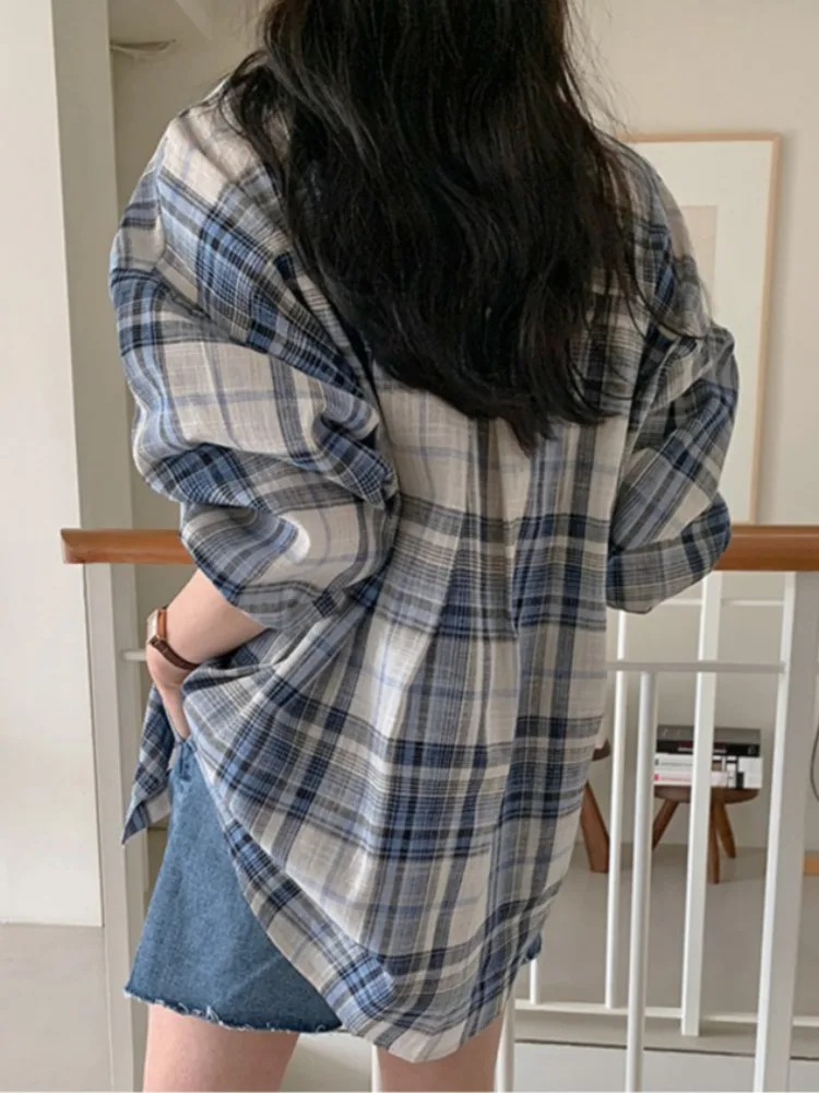 Chic Autumnal Loose Casual Long Sve Plaid Cotton Linen irt Women's Turn-down Collar Color Blo Lazy Sle Versatile Top
