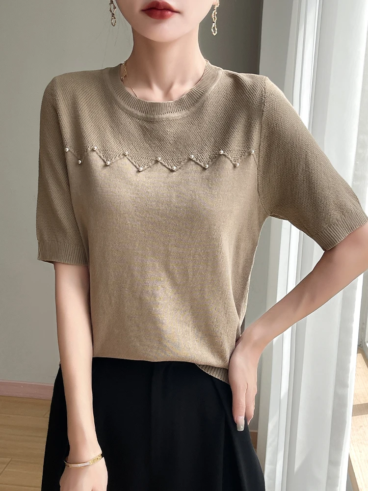 

Женская футболка с коротким рукавом из ледяного шелка, вязаный топ, летняя новинка, свободный крой, круглый вырез, базовый цвет, эффект похудения